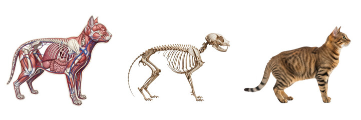 Isolated Cat Anatomy Set with Skeleton, Internal Organs and Realistic Tabby Cat &ndash; Transparent Background PNG