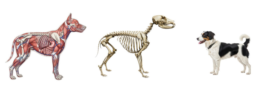 Isolated set of dog features a detailed internal organ diagram, a skeletal system, and a realistic dog, transparent background, PNG