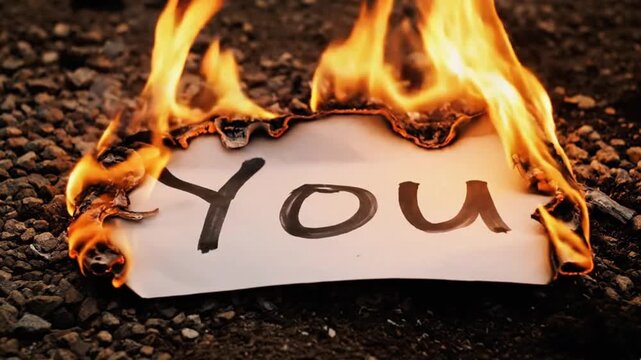 A white piece of paper, boldly inscribed with the word "You," burns intensely on a dark, rocky surface. Vivid orange flames aggressively consume the paper, causing its edges to blacken and curl. This 