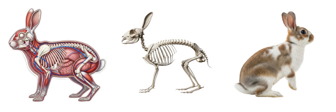 Isolated Rabbit Anatomy Set with Skeleton, Internal Organs and Realistic Rabbit &ndash; Transparent Background PNG