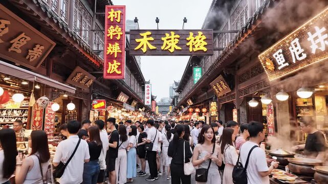 Crowded traditional market street with food stalls