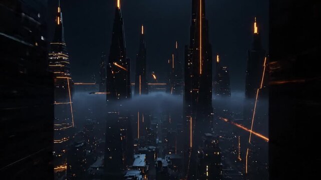 Dark, futuristic cityscape animation. Monolithic towers glow with orange lines, shrouded in atmospheric mist. High-tech, visionary ambiance for sci-fi, gaming, or corporate media. Conveys advanced tec