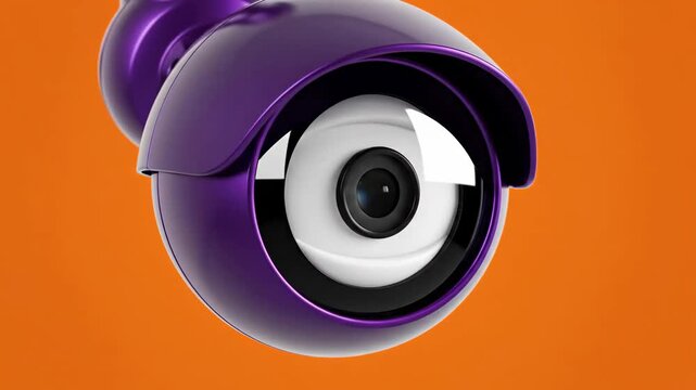 Futuristic Purple Security Camera with White Lens on Orange Background, Modern Surveillance Technology.