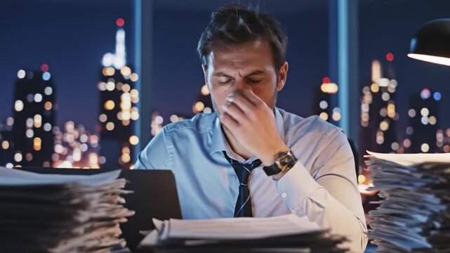 Exhausted businessman sits at desk surrounded by paper stacks. He feels stressed while working late in a night office with city view. Ideal for corporate burnout or overtime work concepts.