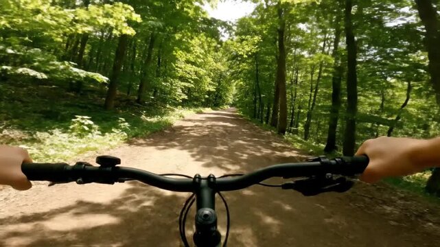 Experience the invigorating journey through a vibrant green forest from a first-person perspective, cycling along a sun-dappled dirt path. This dynamic POV footage captures the essence of outdoor adve