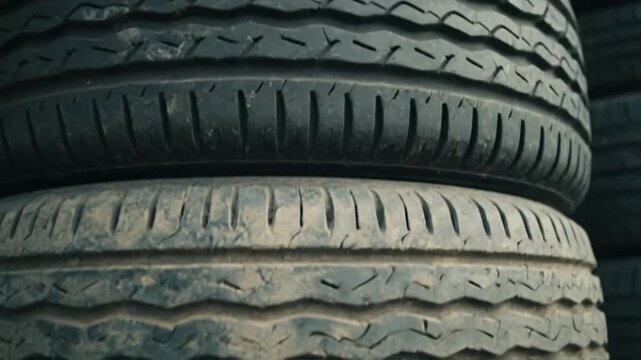 Stacked, used vehicle tires, close-up. Rugged rubber texture, worn tread patterns. Dusty, weathered surfaces convey durability, industrial utility. Ideal for automotive, transport, maintenance.