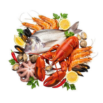 Assortment of fresh seafood with lobster, fish, shrimp, and octopus isolated on transparent background