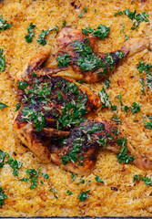 Spachkok  roast chicken with rice and lemon parsley sauce .top veiw