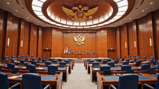 Large formal meeting room with wooden decor