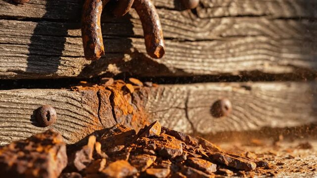 Close-up of rusty metal hinge on weathered wooden plank with dry leaves scattered around on a sunny day