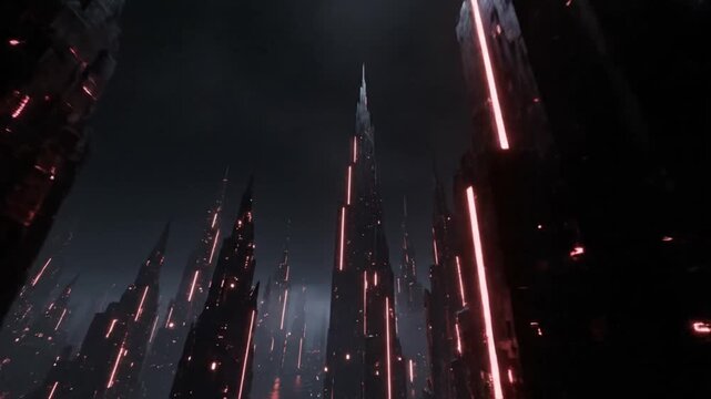 This visually striking footage presents a dramatic, low-angle perspective of an otherworldly cityscape or abstract architectural landscape. Towering, dark, monolithic structures with jagged edges pier