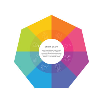 Colorful infographic polygon design template with 8 options and a text in the middle of the shape isolated on the white background