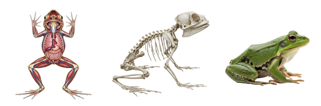 Isolated Frog Anatomy Set with Skeleton, Internal Organs and Realistic Frog &ndash; Transparent Background PNG