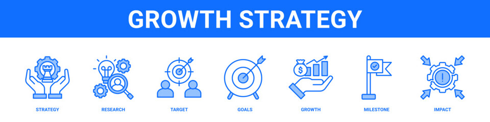 Growth Strategy web banner icon set collection solid style.