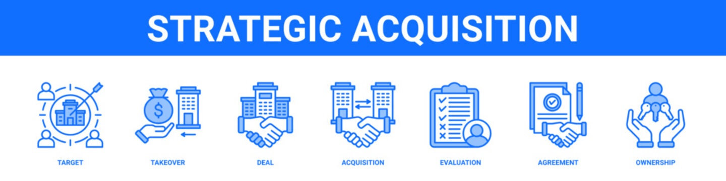 Strategic Acquisition web banner icon set collection solid style.