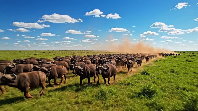 Herd of buffaloes running in grassland