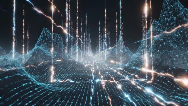 Futuristic digital landscape with glowing blue grid and mountains