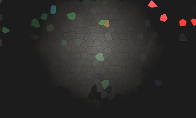 Abstract Dark Grey Mosaic Stone Texture Background with Scattered Colorful Geometric Shapes and Central Light Glow