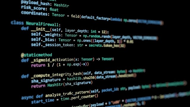 Developer typing Python script for cybersecurity encryption and firewall automation in 3D representation terminal for software development and network artificial intelligence database