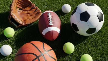 Obraz premium Sports balls and easter eggs on grass