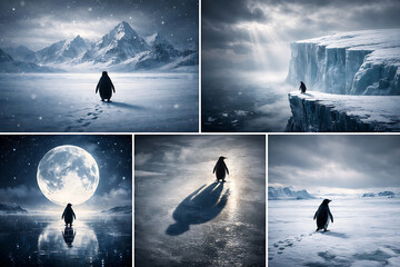 Solitary Penguin in the Frozen Wilderness: A penguin navigating an icy expanse, facing formidable mountains, giant moon, and the stark beauty of snow-covered landscapes.