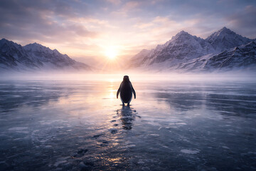 Lone Penguin's Arctic Odyssey: A solitary penguin stands on a frozen lake, facing a breathtaking backdrop of majestic mountains and a sunlit sky, embarking on its journey. 