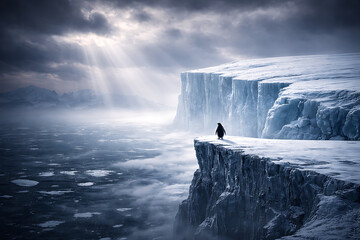 Penguin's Perch: A lone penguin stands on the edge of a vast, icy cliff, gazing out at the frigid ocean under a dramatic, cloudy sky, invoking a sense of awe and solitude.