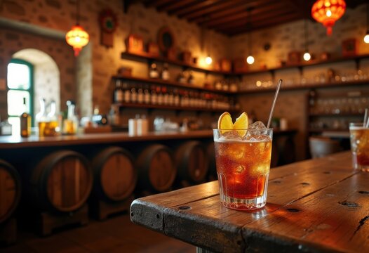 Authentic Spanish Bodega Interior Showcasing Sherry Bottles and Rustic Wooden Barrels in Warm Ambient Lighting