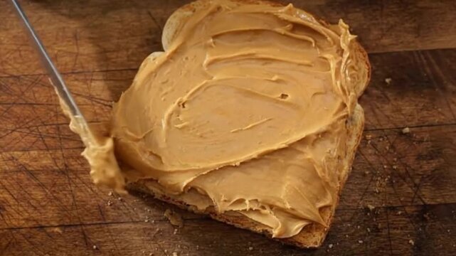 Creamy Peanut Butter Toast: High-Protein Breakfast Idea & Quick Snack Prep. Aesthetic Food Close-Up on Rustic Wood Board.