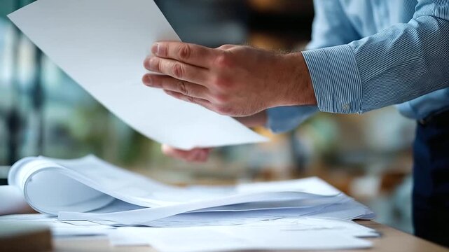 Faceless architect professional hands reviewing building blueprints urban construction site planning development design engineering structure drafting project technical office