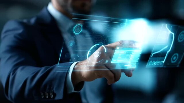 Faceless businessman hand controlling futuristic display expertise business concept visualization professional knowledge interface technical competence system skill