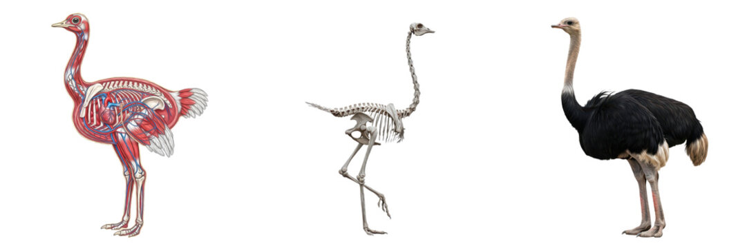 Isolated set of ostrich features a skeletal system, internal organ diagram, and a realistic ostrich, transparent background, PNG