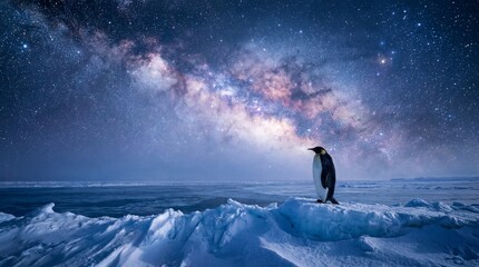 Fototapeta premium Emperor penguin standing on icy terrain under a starry night sky with the Milky Way galaxy visible in the background, showcasing a stunning celestial view