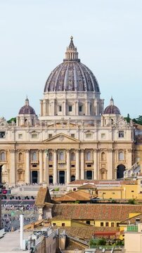 clear centered st peter basilica above rome dense grid monumental dome calm pale blue sky castel sant'angelo rising view italy roman empire emperor st. s cityscape 