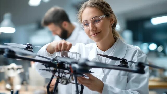 Faceless adult woman engineer in uniform assembling large drone male colleagues collaboration gender diversity concept professional expertise defense defocused engineering work