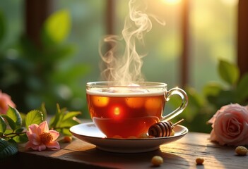 Fototapeta premium Healing Rose Hip Infusion with Honey at Meditative Tranquility Sanctuary
