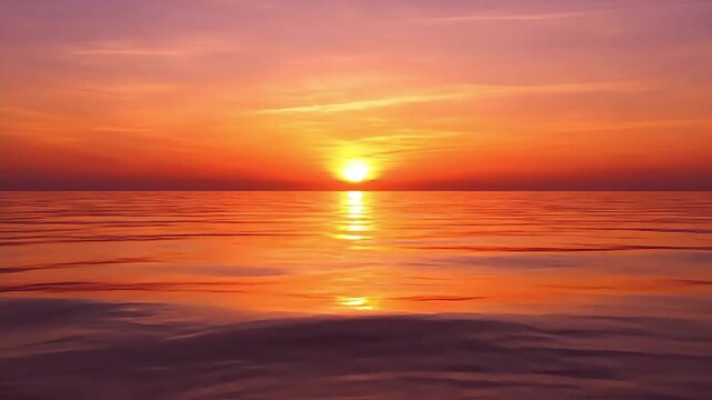 Vibrant sunset paints the ocean horizon with fiery orange and golden hues, reflecting on calm water.