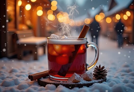 Snowy Christmas Market Scene with Warm Mulled Wine and Cinnamon Stick Surrounded by Twinkling Lights