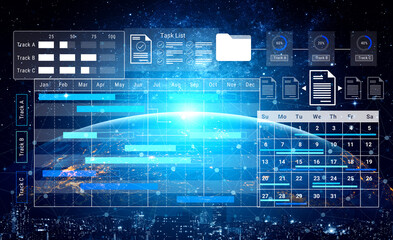 Obraz premium This image showcases a futuristic data management interface overlaying a night cityscape, featuring task lists and calendar elements for enhanced productivity and organization. Gantry