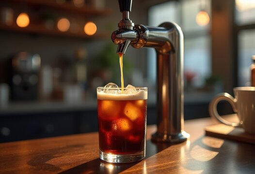 Nitro Cold Brew Coffee Tap Pour in Trendy Hipster Coffee Bar Interior