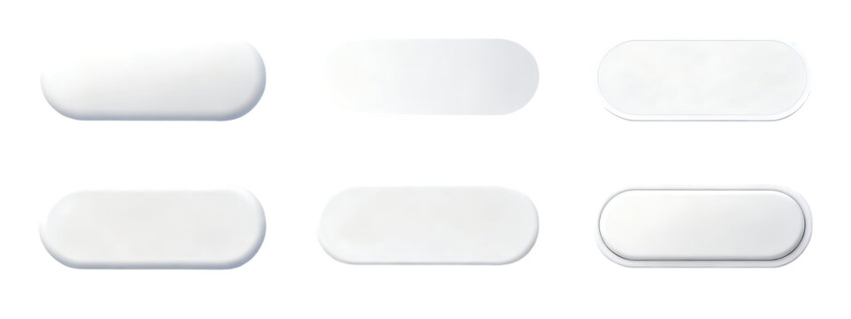 A collection of six white rounded rectangle pill shapes displayed in two rows on transparent background high quality professional detailed modern