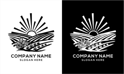 Obraz premium Sunrise over agricultural fields with crops and plants, vintage farm logo design.