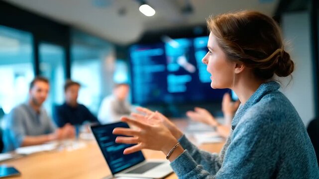 Faceless female software engineer presenting code technical meeting demonstration programming discussion session development team collaboration software project review