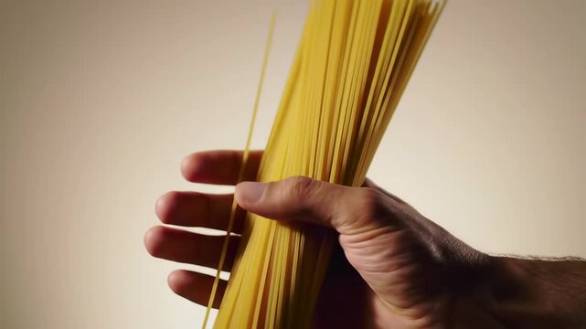 Hand holding a bundle of uncooked spaghetti pasta, ready for cooking a delicious Italian meal.