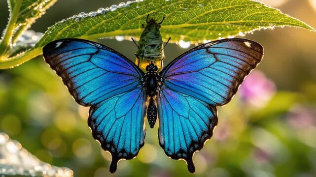 A blue morpho butterfly with spread wings resting on a green leaf in a lush garden viewed from directly above.