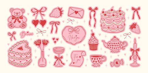 Fototapeta na wymiar Hand drawn coquette pink sticker set for Valentines day, wedding invitation, birthday card. Cute girly bows, ribbons, cherry, cake, toy bear, cocktail, rose, strawberry. Vintage vector illustration.