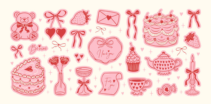 Hand drawn coquette pink sticker set for Valentines day, wedding invitation, birthday card. Cute girly bows, ribbons, cherry, cake, toy bear, cocktail, rose, strawberry. Vintage vector illustration.