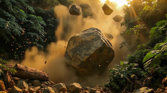Large Boulder Falling Through a Forest with Dust and Debris rock jungle