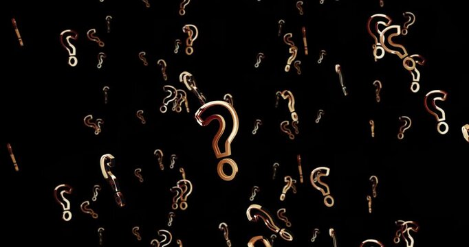Question mark and quiz symbol rain fall loop. Abstract 3d golden metal rotated icon seamless and loopable falling animation.