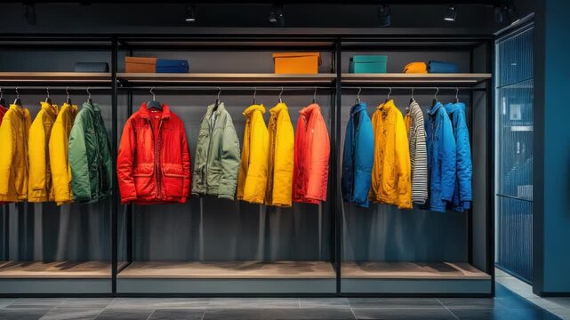 Colorful winter jackets hanging on a rack in a modern retail clothing store showcasing the latest outdoor fashion collection in a contemporary minimalist boutique